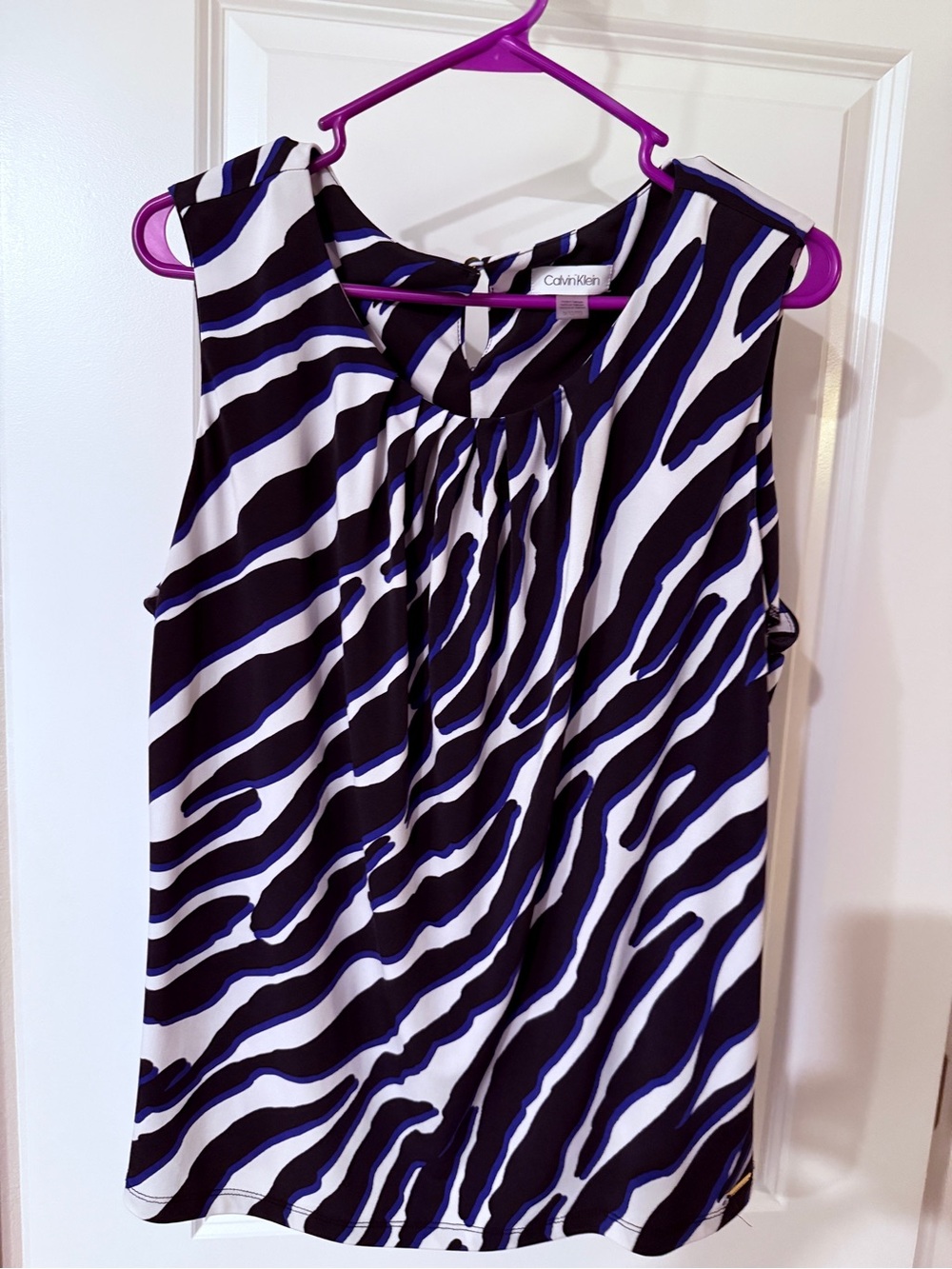 Calvin Klein Black White and Blue Zebra-Stripe Sleeveless Top